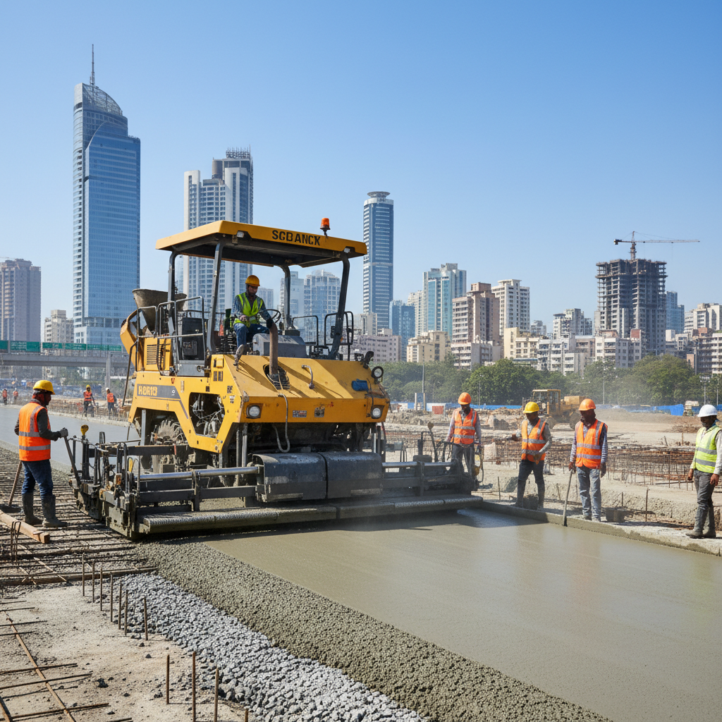 Industrial concrete paving machine laying fresh concrete on Mumbai highway construction project with urban landscape in background