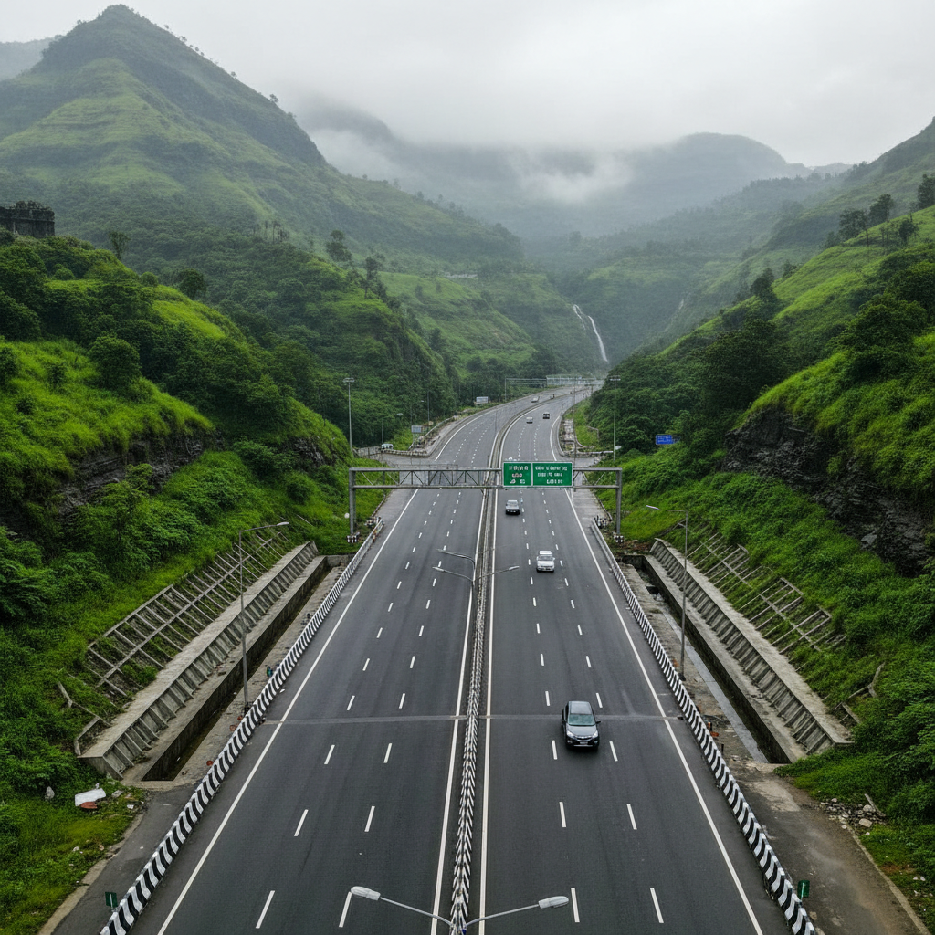 Professional photograph of Mumbai coastal highway infrastructure project along Arabian Sea, modern elevated roadway with ocean view, sunset lighting, urban development, Mumbai cityscape in background