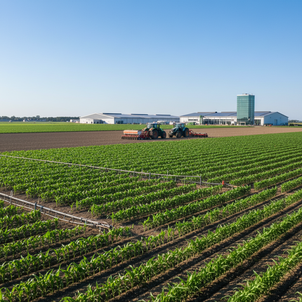 Modern agricultural business scene showing organized rows of healthy green crops in a well-maintained farm field with advanced irrigation systems and tractors working in the background