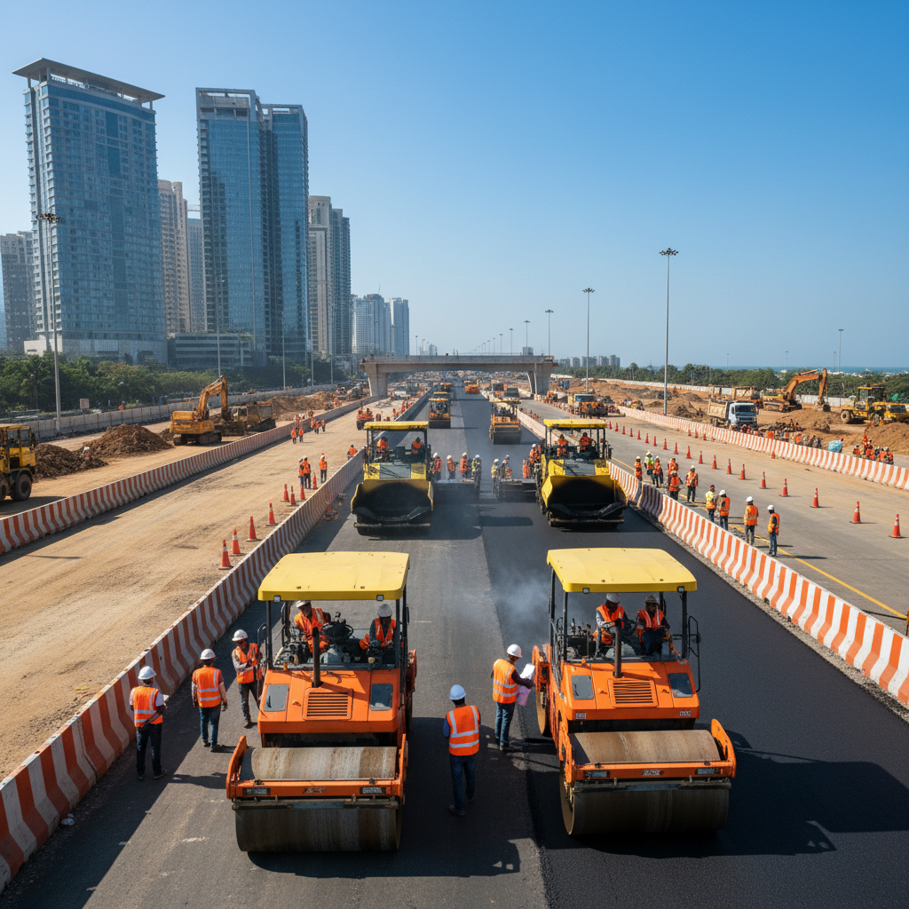 Professional civil engineering construction site with heavy machinery and workers building modern highway infrastructure