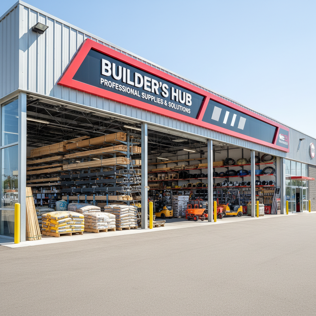 Professional hardware and construction materials retail store exterior with organized display of building materials